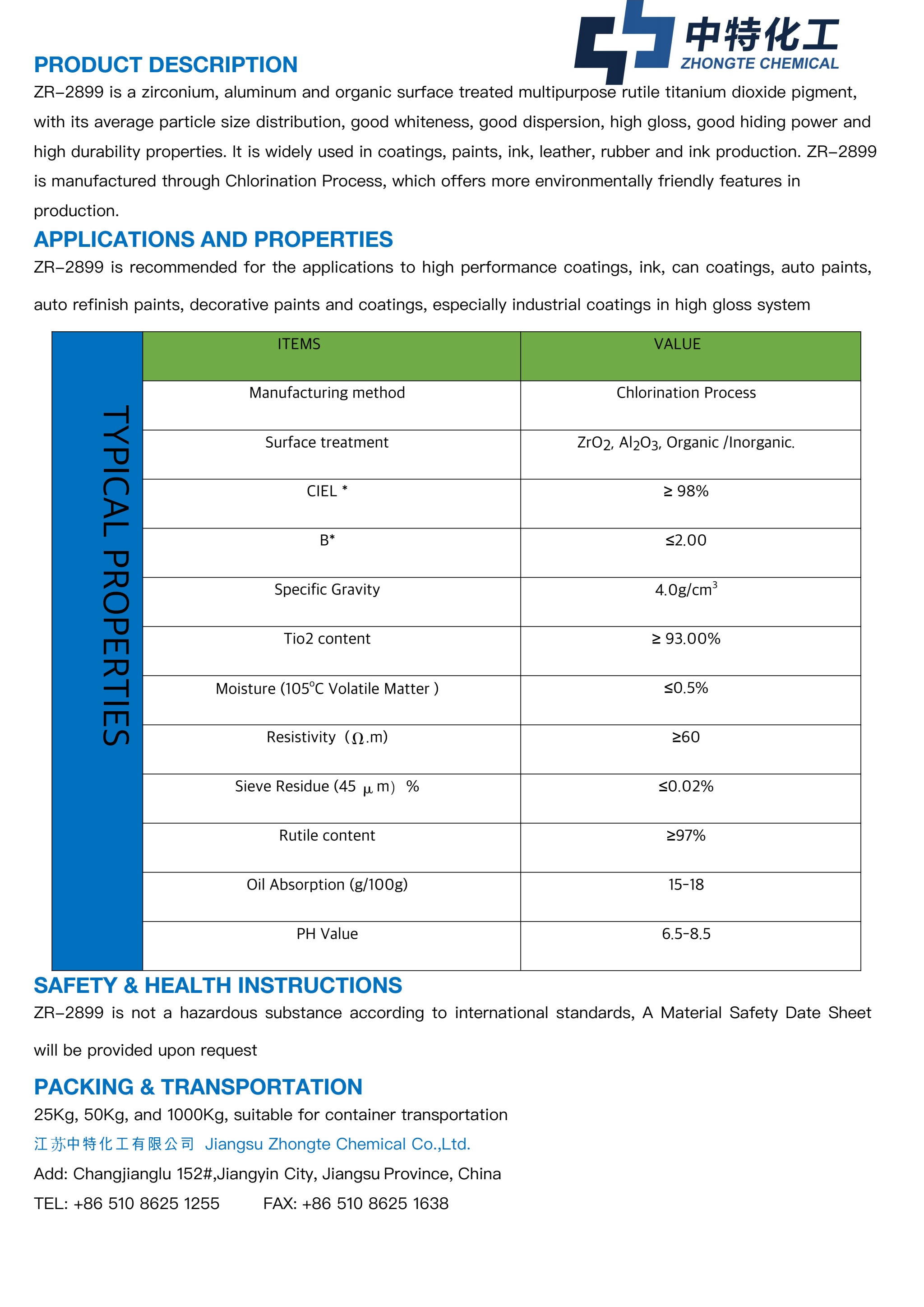 Titanium dioxide rutile ZR-2899